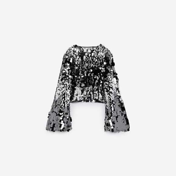 NWT Zara silver grey disc sequin long sleeve cropped top & midi skirt bundle set - Picture 9 of 16